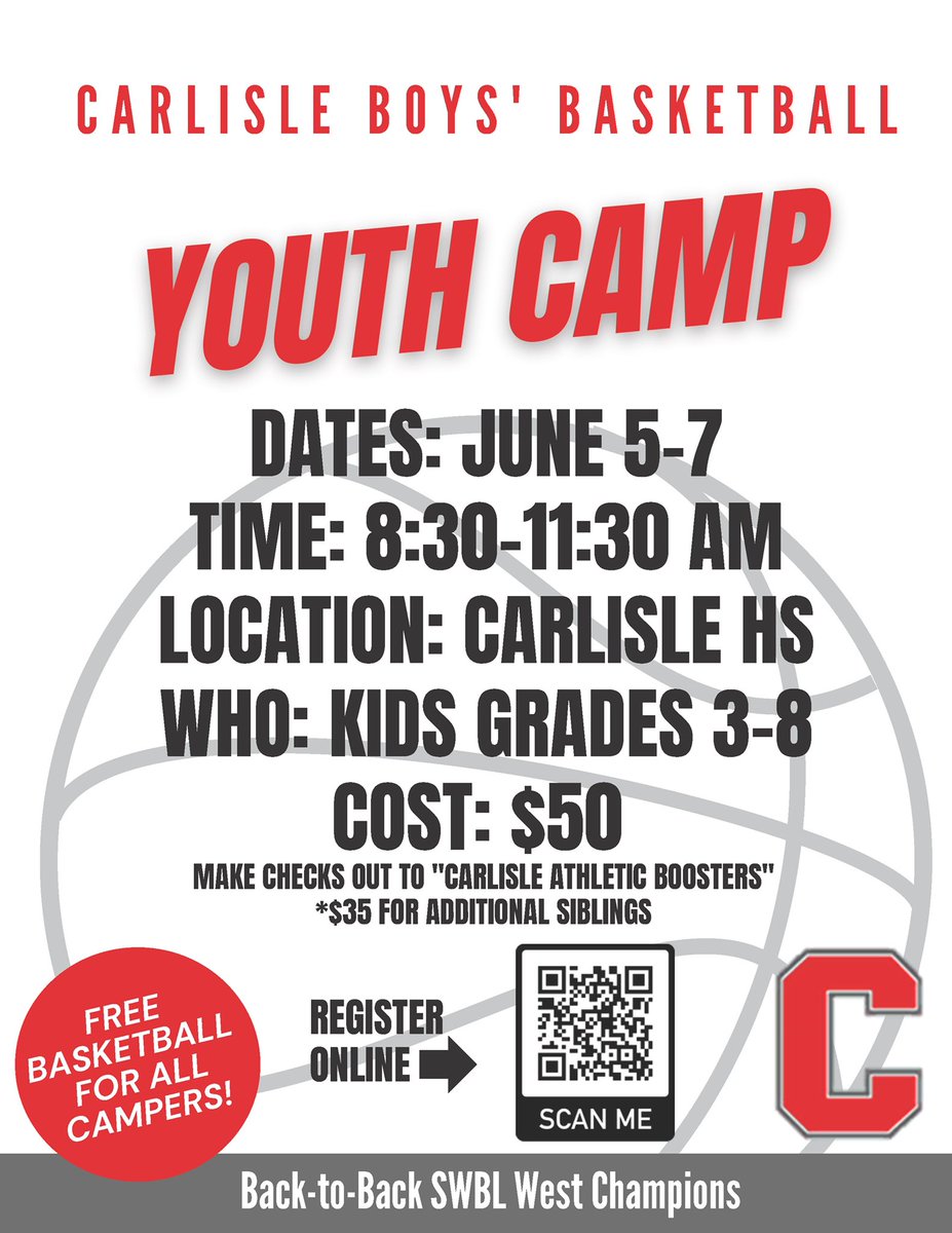 Carlisle_Hoops's tweet photo. Youth Camp begins tomorrow!
Sign up link: https://t.co/xcOizjwBsI https://t.co/F9mxNRxHG7