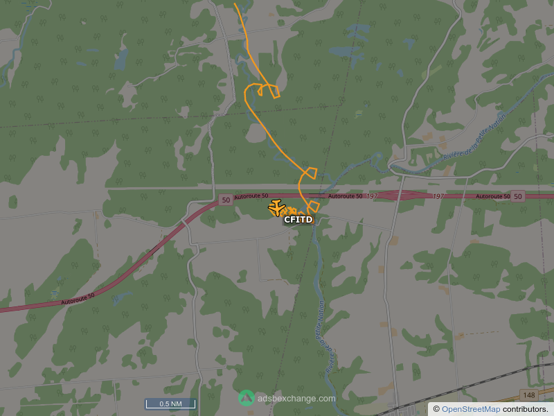 SkyCirclesYOW's tweet photo. Aircraft with unknown registration, hex/ICAO d00fc9 call sign CFITD is circling over Lochaber at 2851 feet, speed 44 MPH, 0.5 miles from Pont des Chutes-du-Moulin https://t.co/eFAsmssJ7c https://t.co/FvkSBTY5Fe