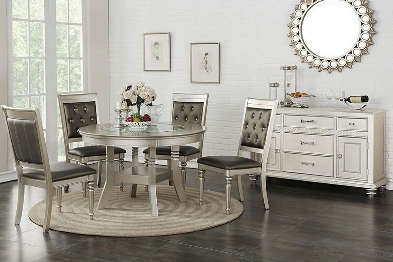 Poundex F2428-1705 5 pc silver finish wood round dining table set glass Rosdorf park blumer silverstry. Click Acima Leasing Easy Lease and Application Process at ambfurniture.com/poundex-f2428-… #diningtable #table #diningroomideas #kitchen #livingroom