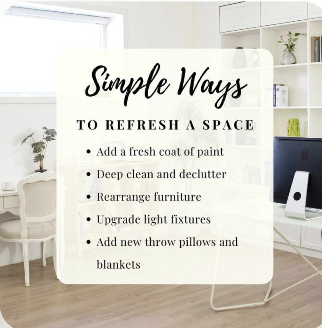 5 Simple Ways to refresh your space🏡

#refresh, #update, #clean, #newhome, #buying, #selling, #kw, #kgre, #bestofzillow, #premieragent, #toprealestateteam, #whoyouworkwithmatters