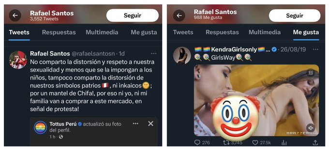latendenciape's tweet photo. TRENDS #PRIDE
#ESTENDENCIA • Rafael Santos
Porque se expuso que el político conservador sigue y sintoniza contenido pornográfico homosexual mientras ataca a colectivos LGTBI+ e iniciativas empresariales sobre el mes del orgullo de genero; como hizo esta semana con Tottus. https://t.co/lLiMkeilTG