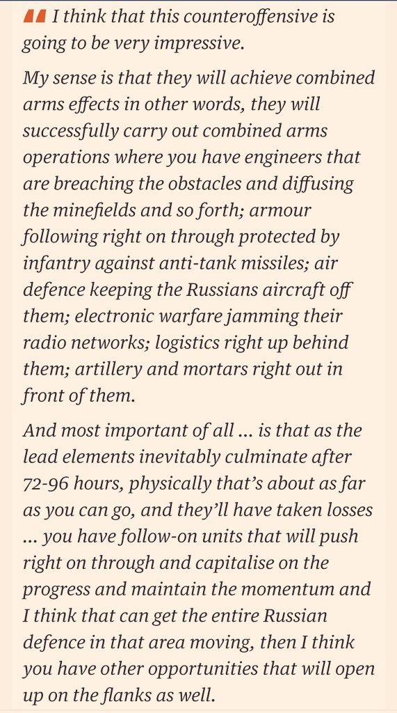 This is what Gen David Petraeus told BBC Radio 4 on its “Today” show, on Saturday. (This also means the first major #counteroffensive will end in 72–96 hours, as Petraeus said.)

#Ukraine #Russia #RussiaUkraineWar #UkraineRussiaWar #UkraineCounteroffensive

👇👇👇