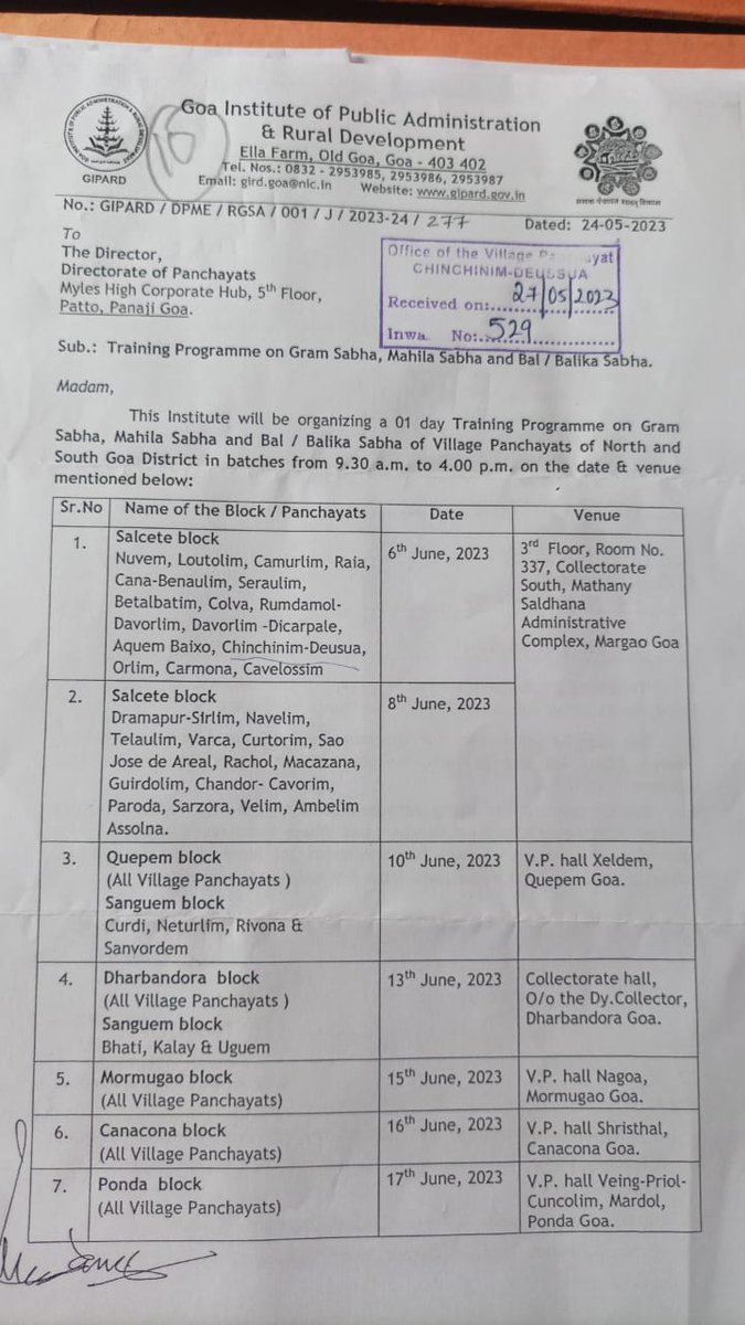 Goa Institute of Public Administration & Rural Development [#GIPARD] is organizing d Training Programs on #GramSabha; #MahilaSabha; & #BalSabha/#BalikaSabha of d Village Panchayats of North & South Goa District in batches as detailed👇
#GPRA1994
#GoodGovernance
#LSDGs
#GramSwaraj