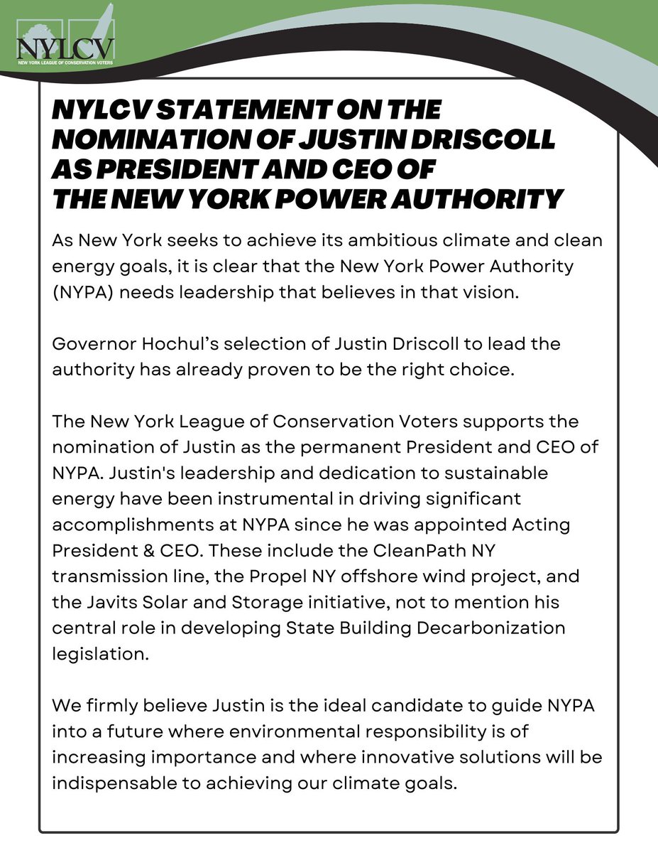 As NY seeks to achieve its ambitious climate &amp; clean energy goals, <a href="/NYPAenergy/">NY Power Authority</a> needs leadership that believes in that vision. <a href="/GovKathyHochul/">Governor Kathy Hochul</a>’s choice of Justin Driscoll to lead NYPA has proven to be the right one &amp; NYLCV supports making @JDriscollEnergy NYPA's permanent Pres/CEO