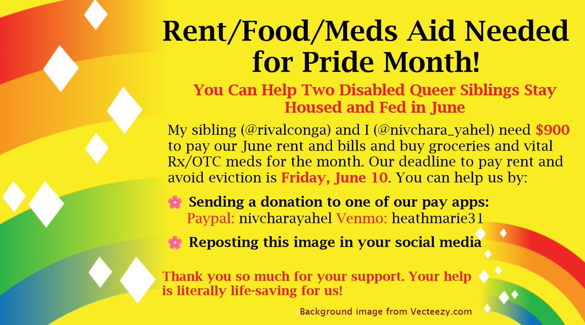 We're still trying to raise funds for our June rent and other necessities. Our deadline to pay rent is June 10. We will face eviction if it is not paid by then. If you can give a few $ and/or repost this image in your accounts, we appreciate it!

#MutualAidRequest #PrideMonth2023