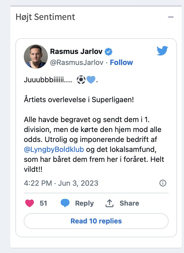 Fast4Ward_'s tweet photo. Hvis der er noget der kan få vores politikere til at finde de positive gloser frem, så er det når deres favorit foldboldhold klarer sig godt i superligaen!⚽️

“Juuuubbii”, “kørte den hjem” og “utrolig og imponerende bedrift” mm giver høj sentiment score!💛 

Hvilke politiske bedrifter fortjener samme italesættelse? Hold øje med grundlovstalerne imorgen for at se om der er nogen der formår at italesætte deres politiske budskaber på den måde. Det hele kan vel ikke være problemfyldt og dommedag?😉

#dkpol
#dkmedier