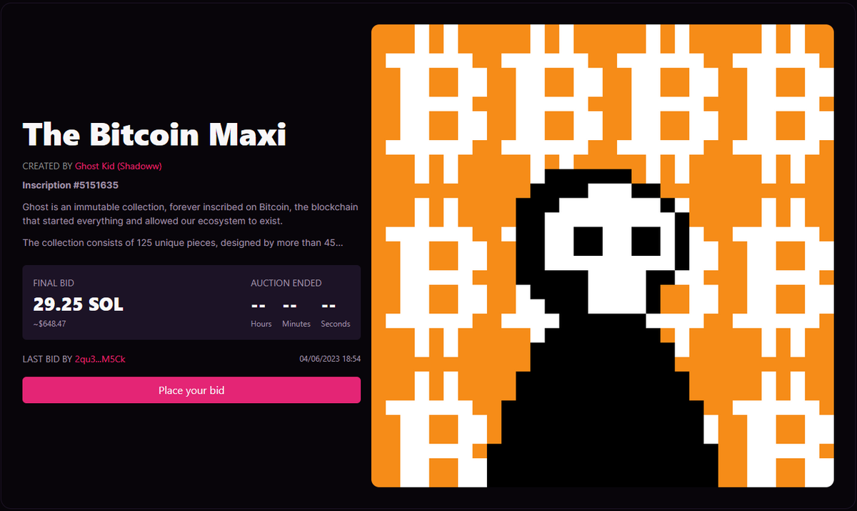 The Bitcoin Maxi by <a href="/ShadowwGKD/">Shadoww</a>  sold for 29.25 SOL (0.024 BTC) 🟧

Congrats to the winner!