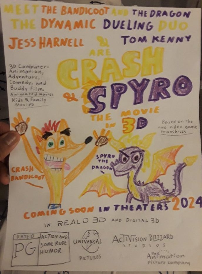 When I was 23 years old, long before #DreamWorks or #SonyPicturesAnimation and #Activision will make two movies, I was obsessed thinking about making a Crossover animated movie of both #CrashBandicoot and #SpyroTheDragon called 'Crash & Spyro the Movie in 3D'.

@SpyroTheDragon