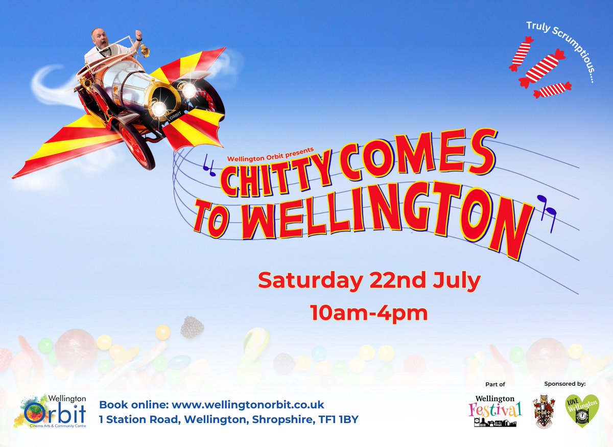 🚗✨#ChittyComesToWellington on 22nd July! Join us for a day filled with film screenings, character meet-and-greets, mesmerising dance and musical performances, & much more! Learn more: bit.ly/3Cc2W53 #Telford #Shropshire #DaysOutWithTheKids #families #loveCinema