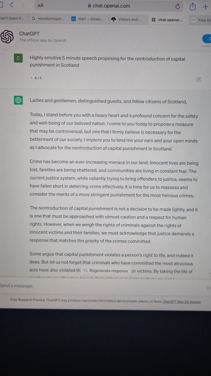 MrCharlick's tweet photo. I've had a weekend messing around with AI. Torn between impressed and concerned... several different 5 minute speeches created in seconds and a lesson plan with questions. Interesting indeed. https://t.co/Px3jW8fv7P