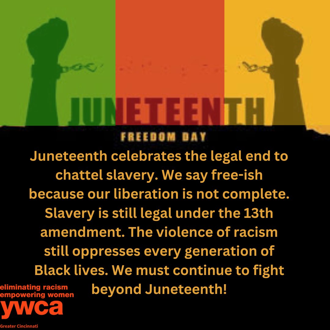 HAPPY JUNETEENTH!

YWCA Greater Cincinnati is thrilled to celebrate Juneteenth as a FEDERAL holiday! We are committed to pressing the transformation of our communities to become antiracist and equitable. KEEP FIGHTING FOR FREEDOM!

#eliminatingracism #juneteenth