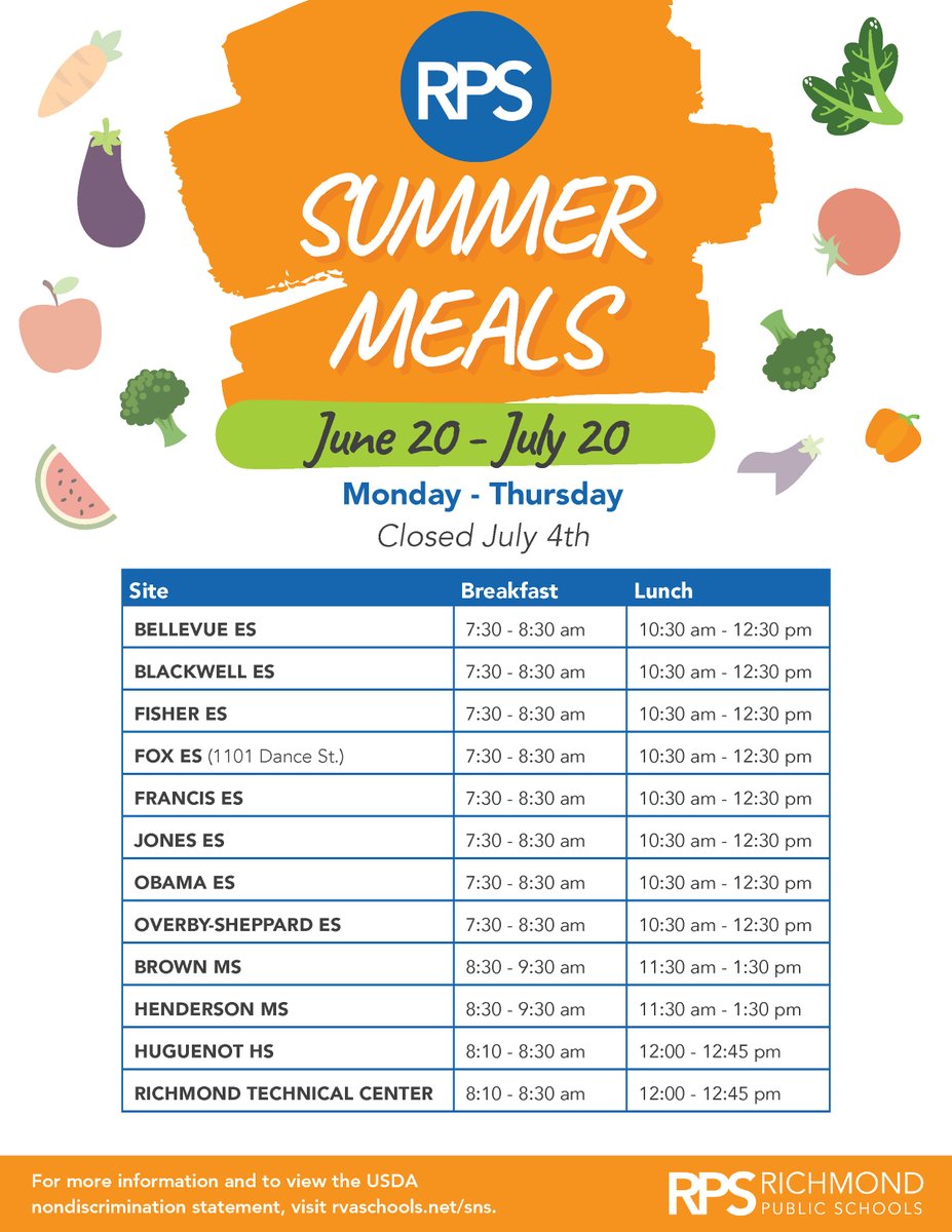 Our summer meals program begins tomorrow! Meal sites will be open Monday through Thursday, June 20 - July 20, and will be closed on July 4. To find a meal site near you, text FOOD to 304304. #WeAreRPS