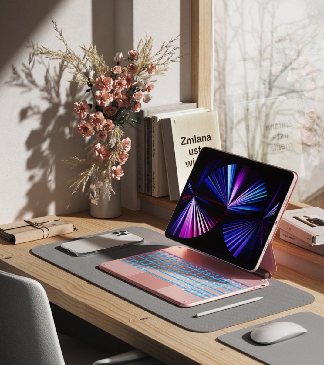 typecaseco's tweet photo. Take advantage of the typecase keyboard's backlight and touch functions for a comfortable office at the windowsill https://t.co/RX11sR4Pw0