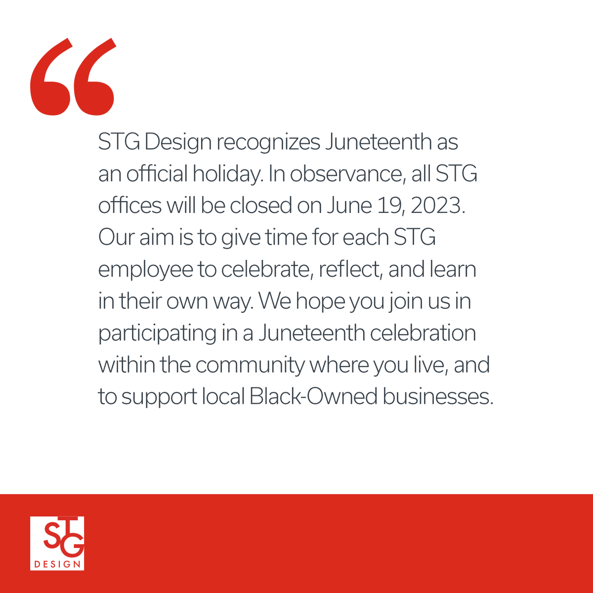 design_stg's tweet photo. STG offices will be closed Monday, June 19th in observance of Juneteenth. #FreedomDay https://t.co/b3QuMvHDqm