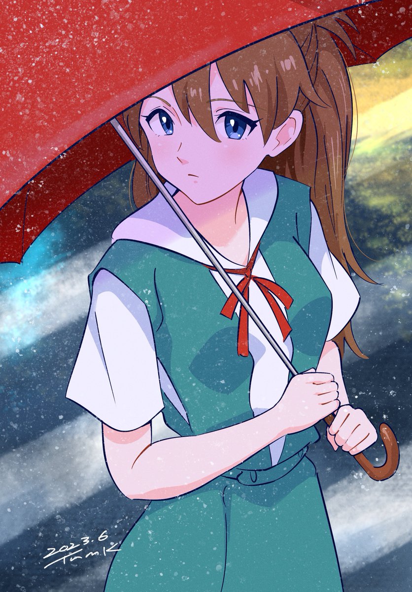 ayanami rei 1girl solo blue hair tokyo-3 middle school uniform red eyes umbrella short hair  illustration images