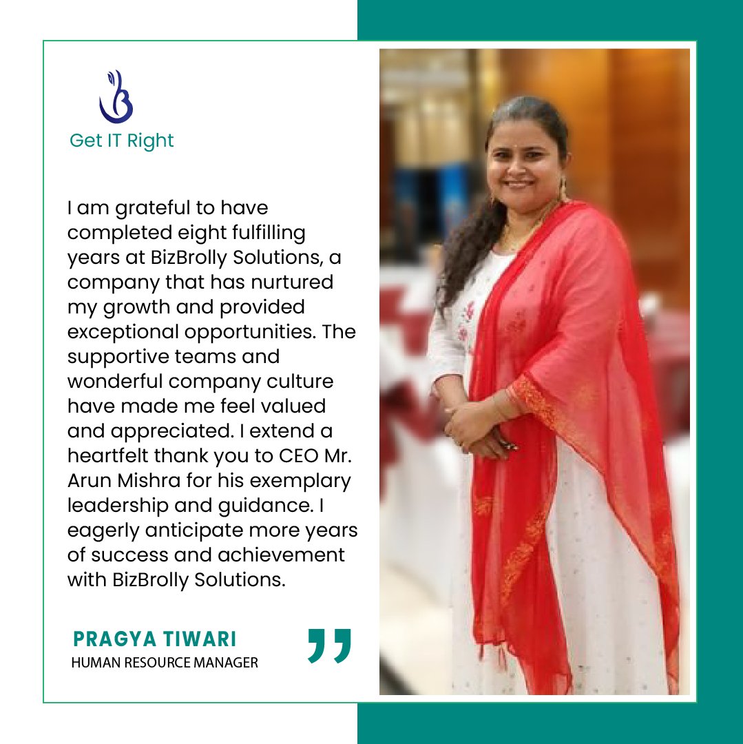 Celebrating Pragya's 8 years of exceptional dedication and brilliance! Her unwavering uniqueness, passion, strength, and diversity have fueled our innovation.
.
.
#BizBrollySolutions #TeamSpirit #HR #GrowthOpportunities