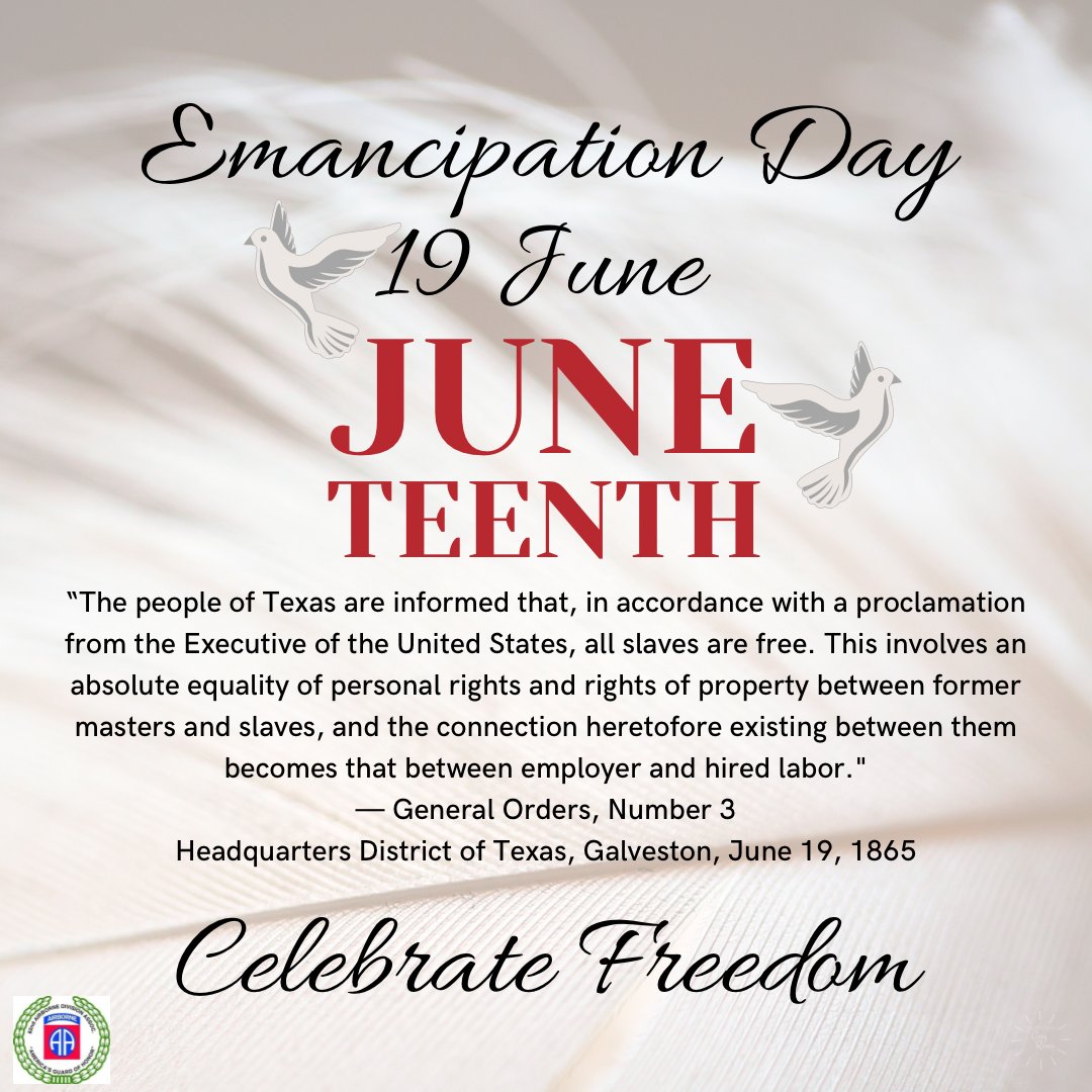 Let's celebrate freedom-Emancipation Day, June 19th 
#Airborne #82ndAirborne #82ndAirborneDivision #82ndAirborneDivisionAssociaiton #Paratrooper #Trooper #Veteran #Army #82ndAirborneVeteran #EmancipationDay #juneteenth #juneteenthcelebration #freedom #love #happyjuneteenth