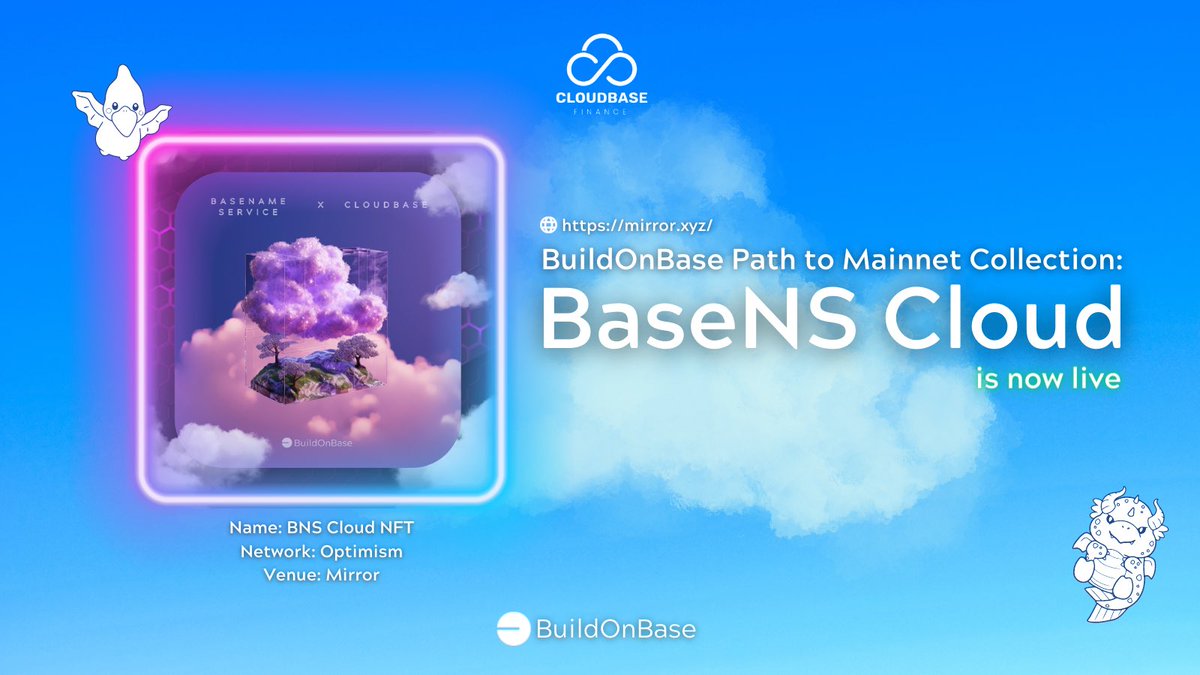 CloudBase_Fin's tweet image. ⛅️ CloudBase is excited to announce that the BaseNS Cloud NFT is ready for minting.

💣Price: Free Mint

🔮 Mint now at: mirror.xyz/0x838912bef242…

🔵 Activities for BaseNS Cloud holders will be announced soon. Stay tuned for the latest updates.
#BuildOnBase