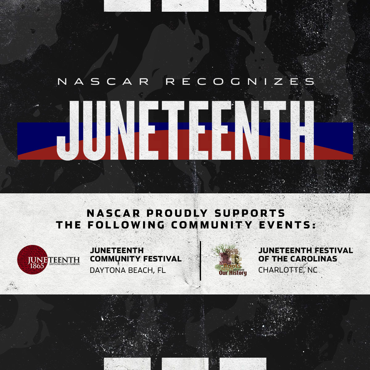 NASCAR's tweet image. NASCAR is proud to support two local Juneteenth festivals that commemorate the historic emancipation of enslaved African Americans, and unites communities to honor the past and embrace a better future for all.