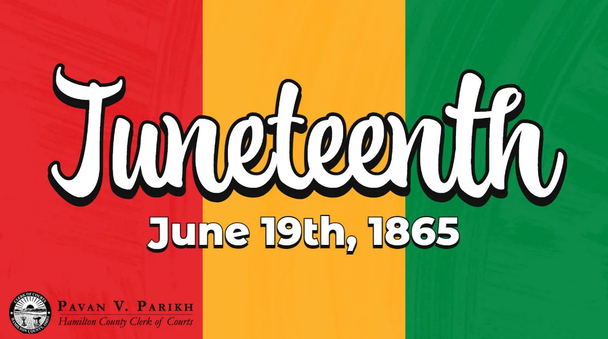 HamCoClerk's tweet image. The Hamilton County Clerk of Court's Offices are closed today in observance of Juneteenth. Juneteenth is an annual celebration commemorating the freedom of all enslaved people in the United States.
