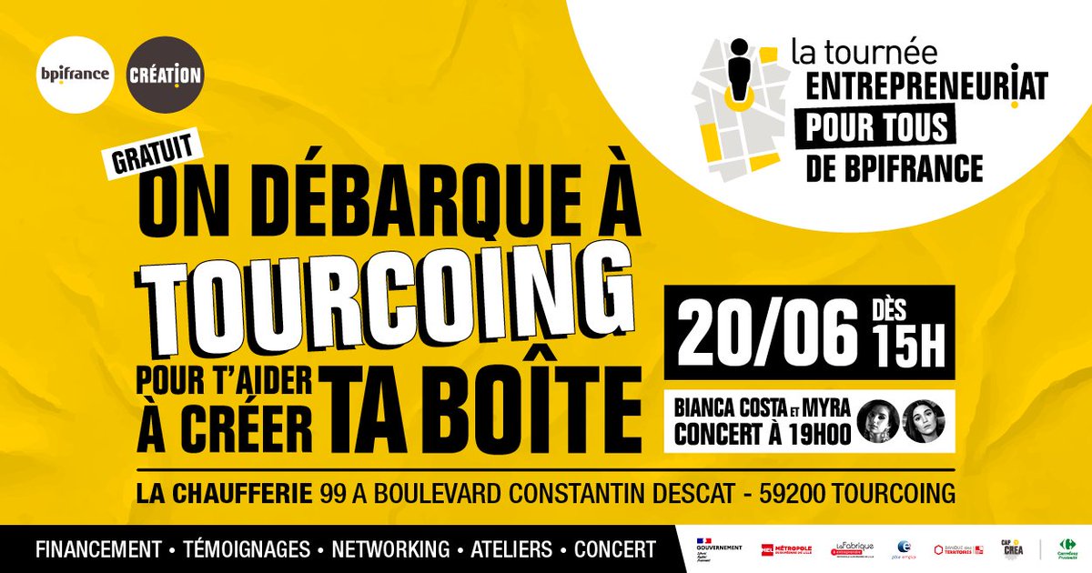 CarolineBGE's tweet photo. 📷Bpifrance débarque à Tourcoing pour vous accompagner dans la création de votre #entreprise !
Rdv mardi 20 juin 2023 de 15h00 à 21h00 à la Chaufferie. Gratuit et ouvert à tous !
Concert gratuit à 19h de Bianca Costa et Myra qui interprèteront leurs plus gros titres !
@bgehdf https://t.co/UIsUwgsq7d