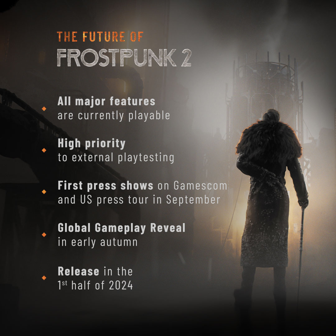 frostpunkgame's tweet photo. In addition to the latest trailer, here’s a short summary of what’s been revealed regarding the future of Frostpunk 2 at last week’s Investor Conference. https://t.co/ovveZ3ZjPy