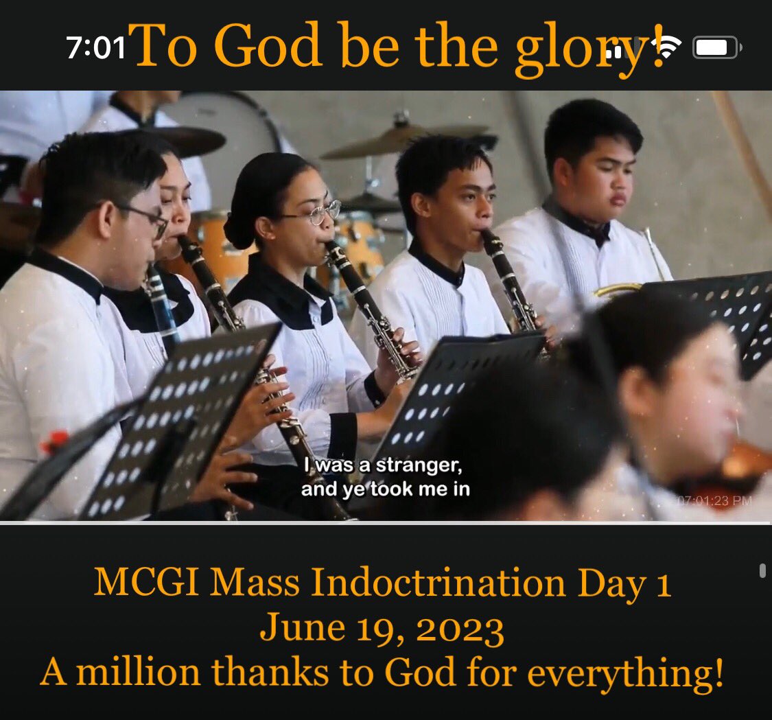 Welcome to the MCGI Mass Indoctrination Day 1 
June 19, 2023

The Church Built by God
#PureDoctrinesOfChrist 
#GlobalPrayerForHumanity