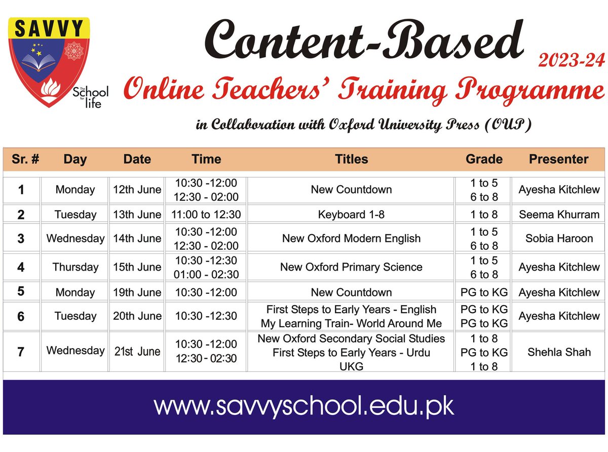 savvyschoolccw's tweet photo. The Savvy School Academic Department has scheduled the Online Teacher Training Programme (content-based), in collaboration with Oxford University Press (OUP) for the subject teachers of our network schools.

#TheSavvySchool #TheSchoolForLife #OnlineTraining #ContentBased https://t.co/8tfCoKqr9E