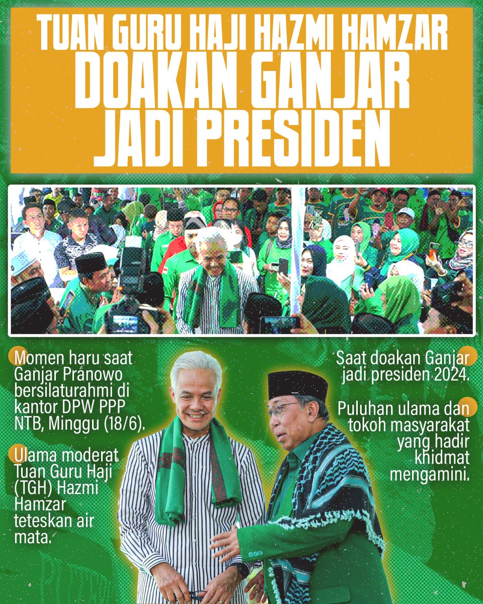 Doa ulama menambah energi &amp; kekuatan 
"Kita baca surat Alfatihah smg Allah memudahkan &amp; memberikan jln serta kekuatan lahir batin Bpk <a href="/ganjarpranowo/">Ganjar Pranowo</a>
menjadi Presiden RI,utk memimpin kita &amp; ratusan juta penduduk Indonesia lainnya. Alfatihah," ucap TGH Hazmi Hamzar.

Qobul
Aamiin🤲