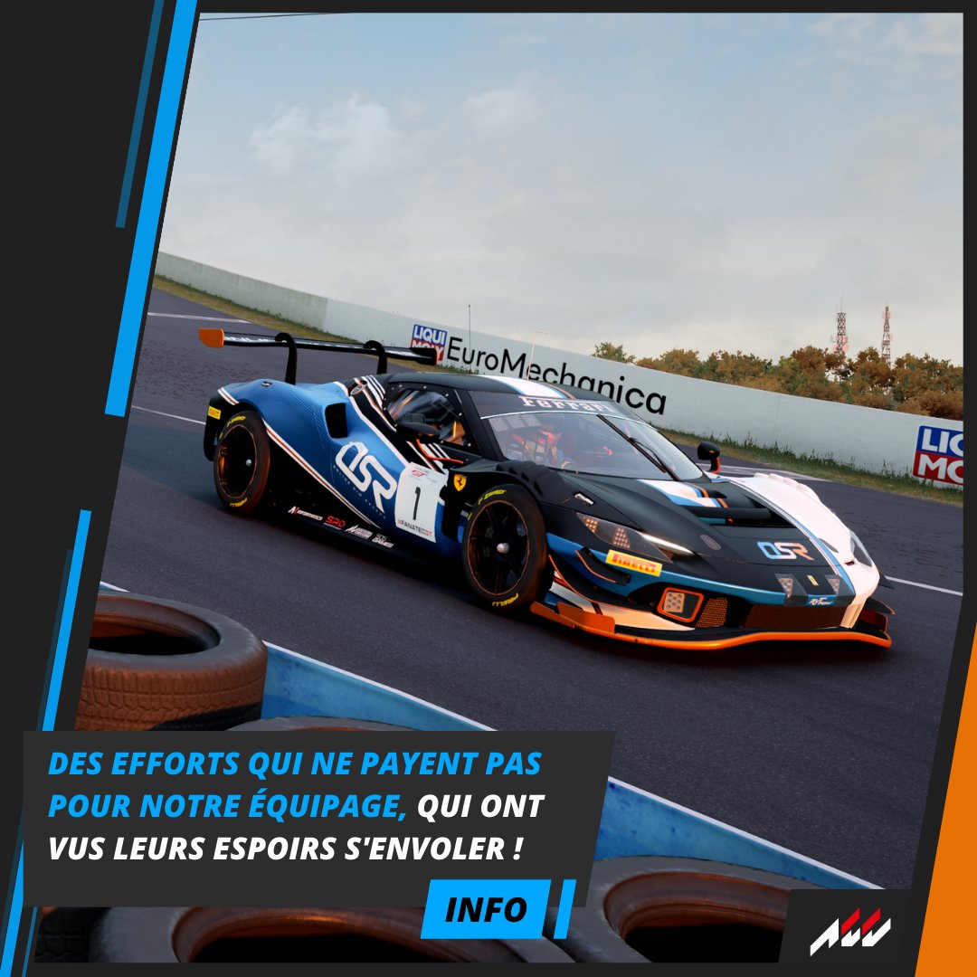 Résultat difficile à encaisser pour nos 2 pilotes, ils ont vu leurs espoirs s'envoler dû à un excès d'agressivité des concurrents. Cependant, il faut retenir leur rythme très soutenu pendant ces 6H, ils ont su montrer qu'ils étaient présents.