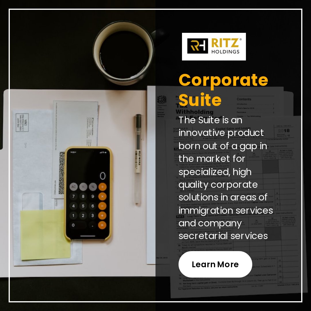 RitzHoldings's tweet photo. Ritz Corporate Services Suite Suite is an innovative product born out of a gap in the market for specialized in the areas of immigration services and company secretarial services. signup for more at https://t.co/cOga8p3YJt https://t.co/tUUuvgRPxi