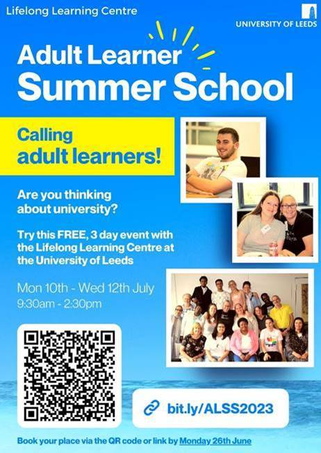 GoHigherWY's tweet photo. There’s just one week left to register for the @LeedsUniLLC  Adult Learner Summer School. This free, 3-day event offers adults a chance to explore a university campus and learn about their options for the future. Lunch is provided each day and free childcare is available.

Book your place for the Adult Learner Summer School here: https://t.co/j25ct4M2KT