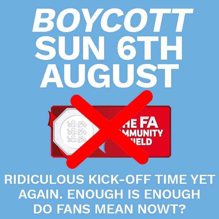 City_On_Tour's tweet photo. Full support for @WeAre1894 planned boycott of the Community Shield. Yet again match going fans f*cked over with a ridiculous kick-off time. Enough. We encourage people to tell the FA to sling it &amp; donate your money to @MCFCfoodbank 

#mcfc #mancity https://t.co/ICbwSIl2rE