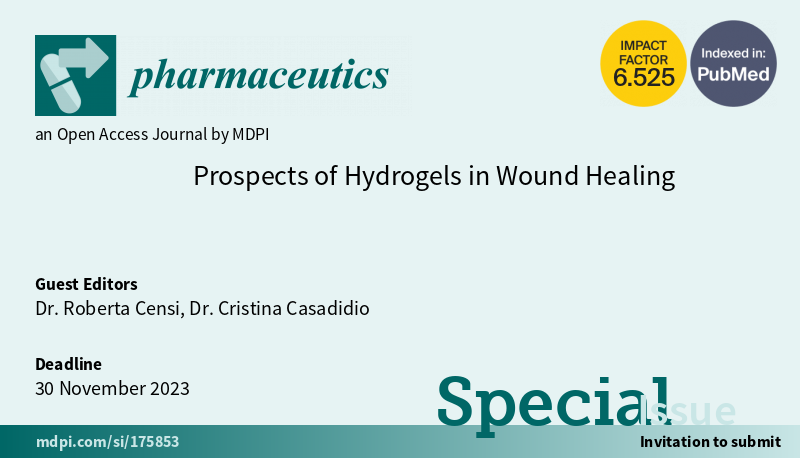 #MDPIPharmaceutics

Special Issue "Prospects of Hydrogels in Wound Healing" is now open for your submissions!

Guest Editors: Dr. Roberta Censi and Dr. Cristina Casadidio

Read more and submit at: mdpi.com/journal/pharma…
