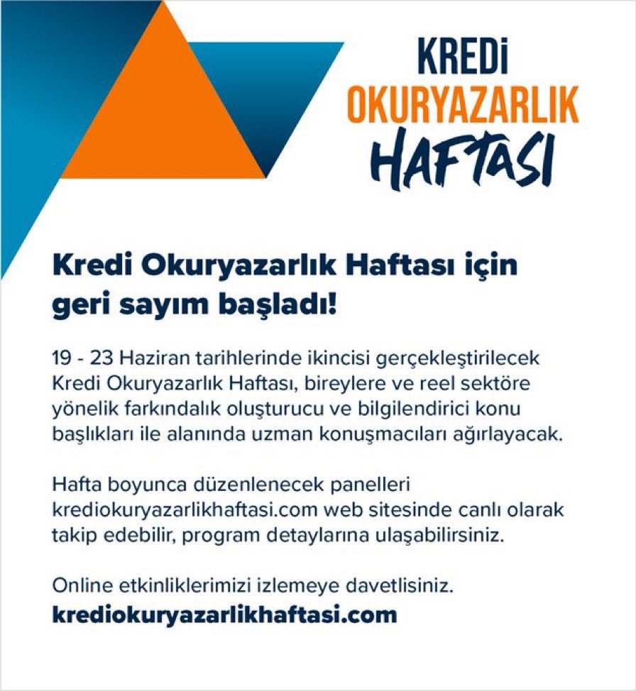 Kredi Okuryazarlık Haftası başlıyor! Hafta kapsamında 19-23 Haziran tarihleri arasında kredi ve finansman hakkında gerçekleştirilecek canlı yayınlara katılımınızı bekliyoruz.  Detaylar ve program krediokuryazarlikhaftasi.com #KrediOkuryazarlıkHaftası <a href="/TOBBiletisim/">TOBB</a>