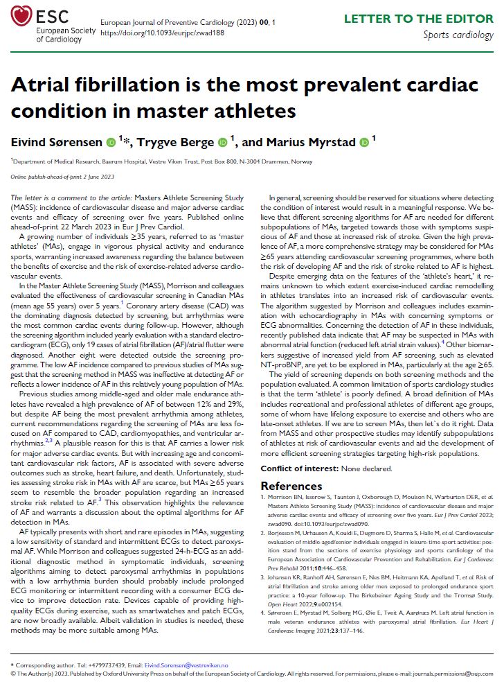 I'm not sure if it's a good idea to screen master athletes for CV diseases. But if we are to, we should also look for atrial fibrillation, at least in those &gt;65yrs. 

Consumer ECGs are suitable sreening tools in this population

<a href="/ESC_Journals/">European Society of Cardiology Journals</a> <a href="/trygve_berge/">Trygve Berge</a> <a href="/eivindso/">Eivind Sørensen MD</a>