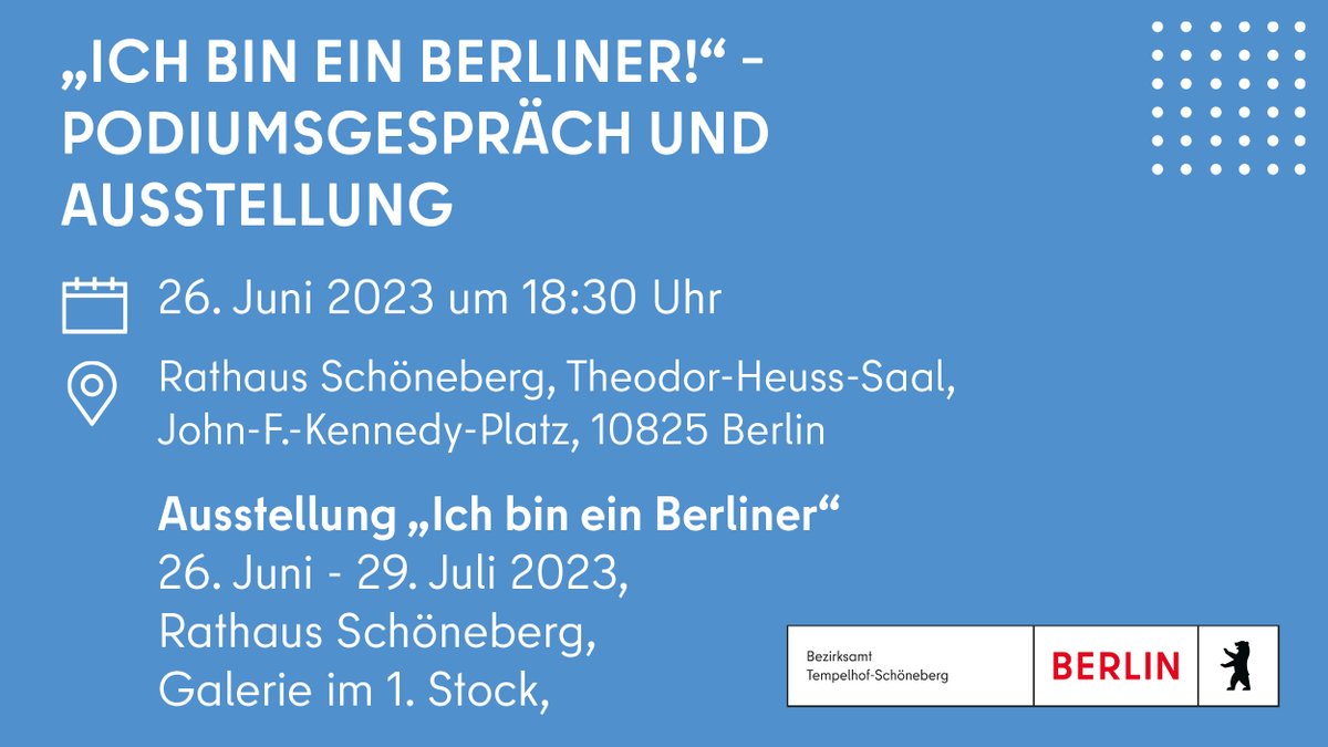 „Ich bin ein Berliner!“ – Podiumsgespräch und Ausstellung. Genau 60 Jahre nach dem Besuch des US-Präsidenten John F. #Kennedy und seiner berühmten Rede vor dem #Rathaus #Schöneberg findet am 26. Juni 2023 um 18:30 Uhr ein Podiumsgespräch im Rathaus Schöneberg statt. 
#JFK