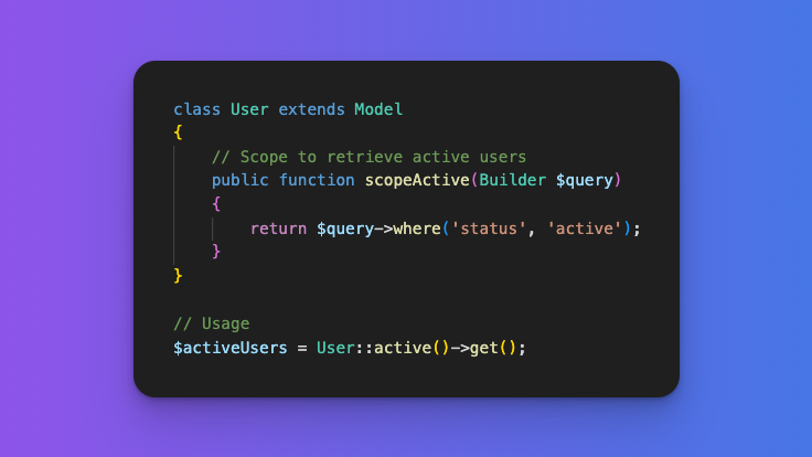 #Laravel Tip: Use scopes in your Eloquent models. It helps you reuse common queries. Keep your code clean and maintainable: