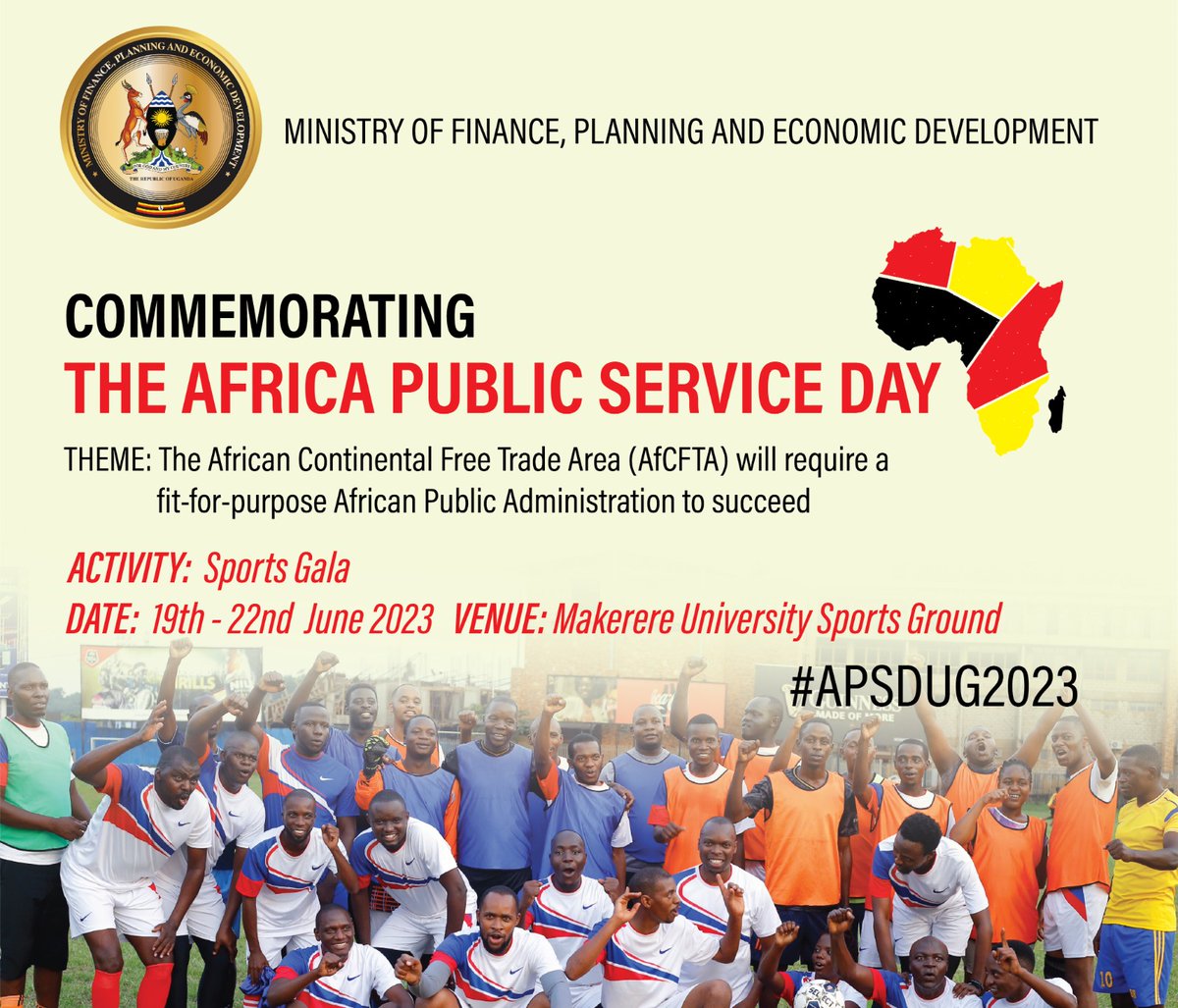 COMMEMORATING 12TH AFRICA PUBLIC SERVICE DAY 2023: As part of the activities to mark this day @mofpedU is ready for football match with @MinofHealthUG at 4:00pm at @Makerere Sports grounds We shall also be part of other games including volleyball. #APSDUG2023