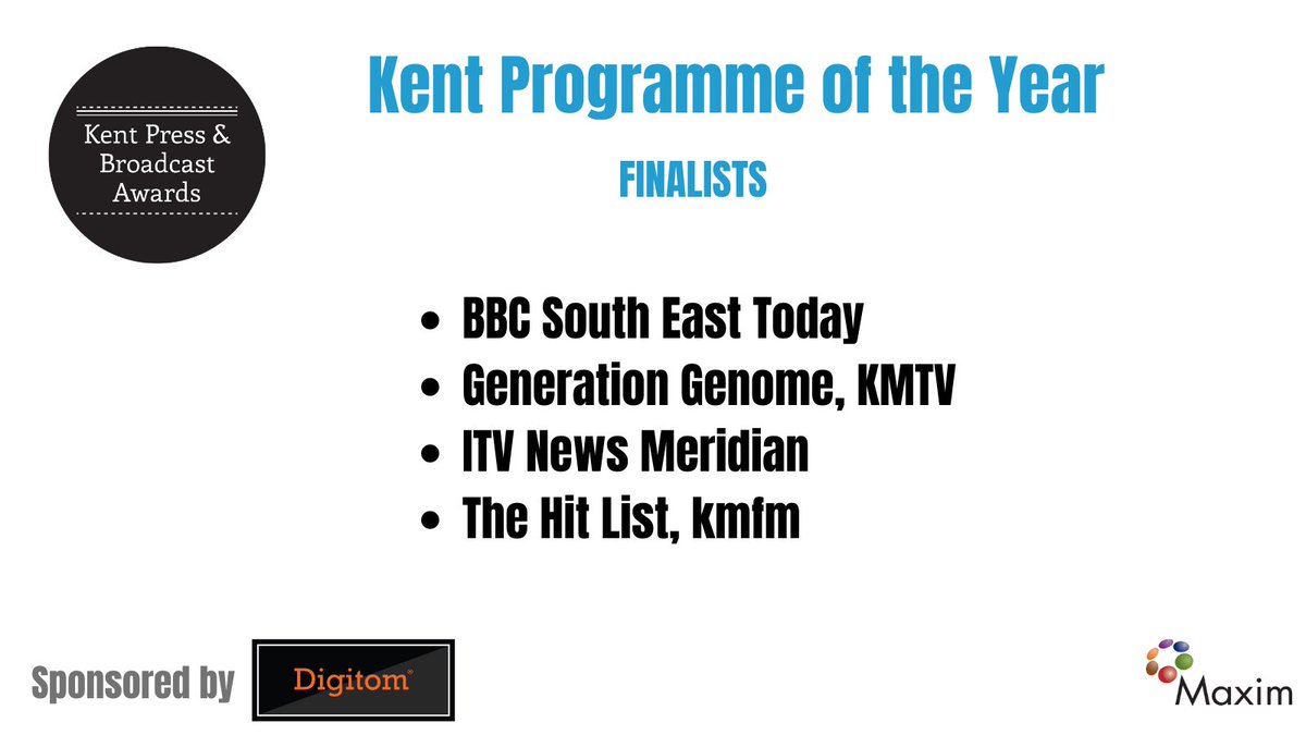 Congratulations to #KPBA finalists for Kent Programme of the Year, sponsored by @Digitom. Well done to @bbcsoutheast, @KMTV_Kent, @itvmeridian and @kmfmofficial.