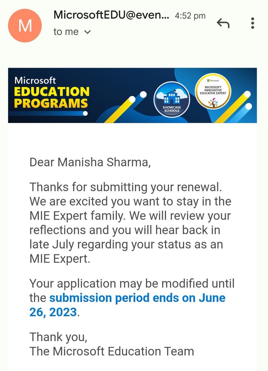 'A COMMUNITY THAT LEARNS TOGETHER EXCELS TOGETHER'
Microsoft Innovative Educator Expert
Successfully submitted the #MIEExpert renewal application.
Nominations closing soon. 
Be a part of this amazing community of wonderful educators. #Microsoft @MicrosoftEDU @vjauhari1