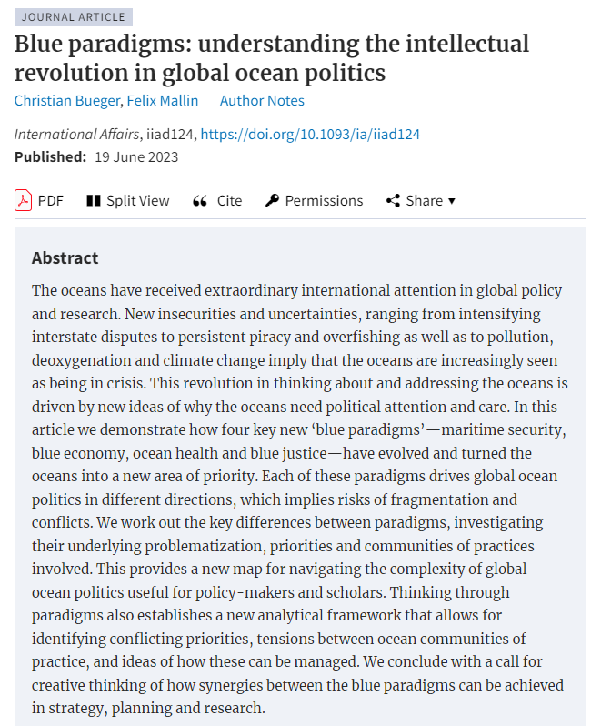 What's happening in global ocean politics? Our new article shows how #ocean debates are increasingly organize by new blue paradigms:  #marsec #blueeconomy #oceanhealth #bluejustice
academic.oup.com/ia/advance-art…