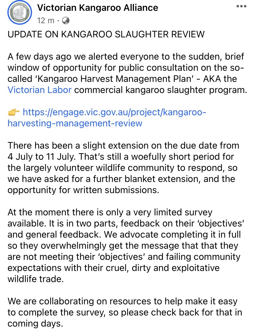 👉 engage.vic.gov.au/project/kangar…

Info to help complete the survey will be coming soon. In the meantime, here are resources on the #Victorian situation:

👉vickangas.org/issues

👉 vickangas.org/resources

👉creativecowboyfilms.tv/earth/2023-the…

#endwildlifetrade #kangaroos #stopkillingkangaroos