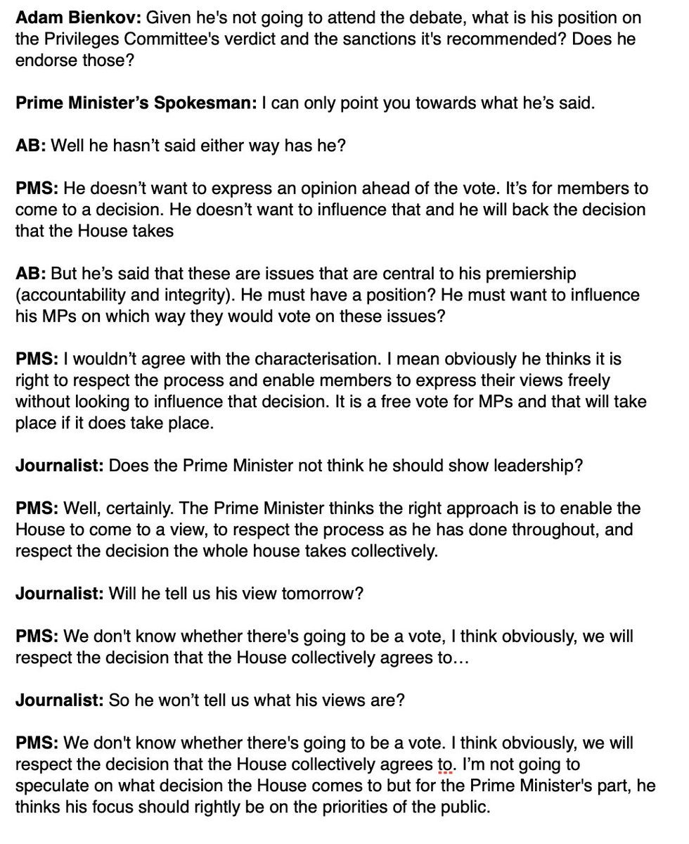 How Rishi Sunak's spokesman responded just now when I asked whether he agrees with the Privileges Committee that Boris Johnson should be sanctioned for repeatedly lying to Parliament.