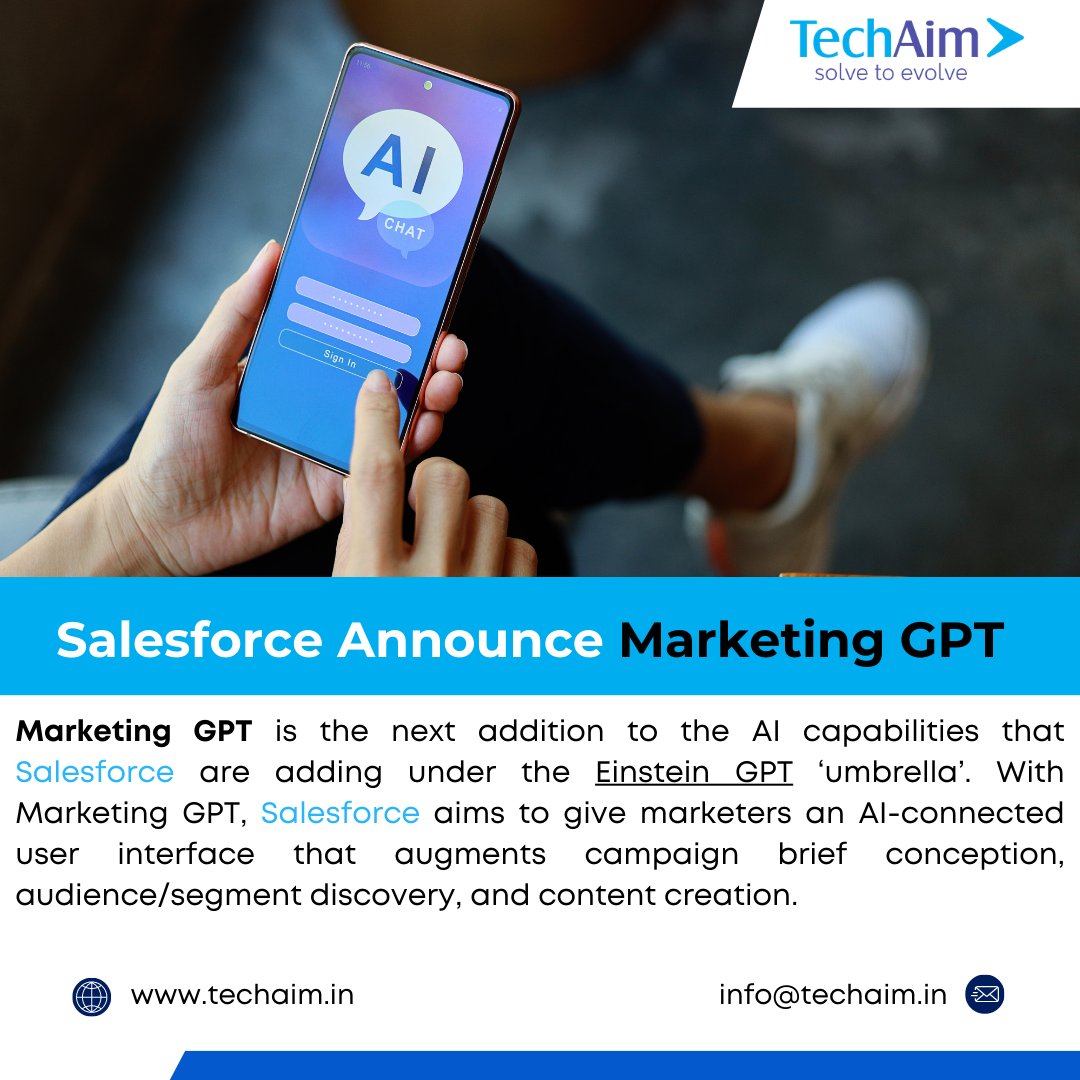 Exciting news from Salesforce!
Introducing Marketing GPT, our AI-powered solution that revolutionizes marketing content creation.
Say goodbye to writer's block and hello to compelling, captivating post captions that drive engagement and boost conversions. 
#Salesforce  #techaim