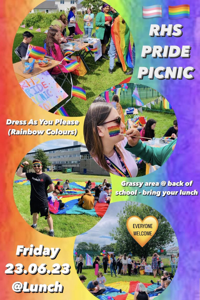 ITS BACK! @renfrew_high PRIDE PICNIC 2023! 🥳🏳️‍🌈🏳️‍⚧️ This Friday 23rd June @ Lunch! Dress as you please 🌈 Bring your lunch - Juice &amp; sweet treats available 🧃🧁🍭 Face painting 🎨 EVERYONE WELCOME! ❤️🧡💛💚💙💜 #Equality #Pride2023 #SpreadTheWord