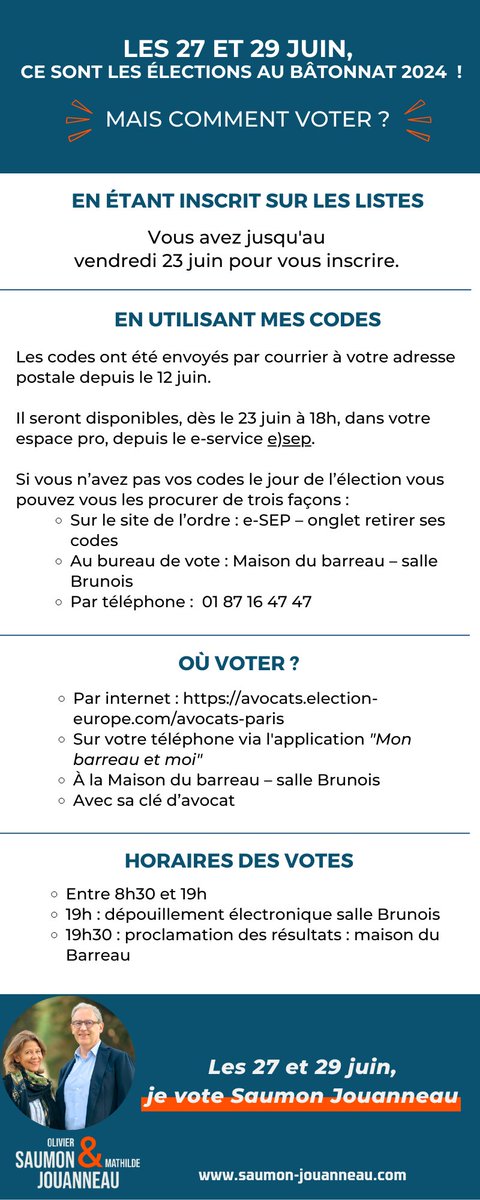 J-8 avant le premier tour des élections au bâtonnat 2024 ! Comment voter ?
Petit mémo étape par étape pour voter les 27 et 29 juin prochain !
Nous comptons sur vous pour AGIR, votez pour qui vous voulez mais votez et faites voter !
#batonnat2024
#saumonjouanneau