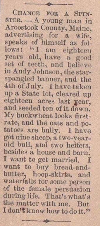 A man advertising for a wife in 1865..!