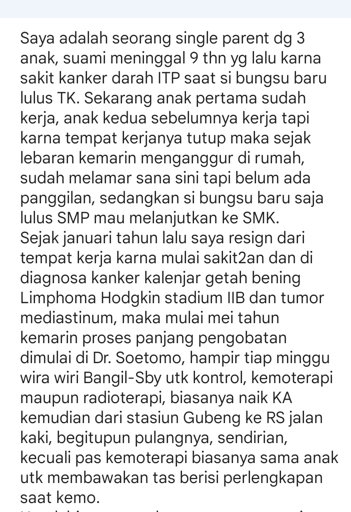YuliRL5's tweet photo. Sedih banget....besok lusa waktunya kemoterapi ke 12 atau terakhir, lalu evaluasi, tapi tidak bisa berangkat ke RS karna tidak ada ongkos 😭 https://t.co/lxFX8FpC9e