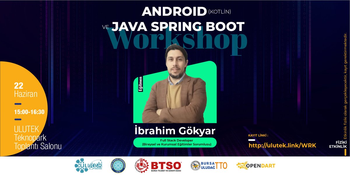 ulutekteknopark's tweet image. 📢"#Android (#Kotlin) ve #JavaSpringBoot #Workshop" başlıklı fiziki etkinliğimize davetlisiniz.
🗓️22 Haziran 2023, Perşembe
⏰15:00 - 16:30
📍ULUTEK Teknopark Toplantı Salonu
👨💻İbrahim GÖKYAR
Kayıt 👉 ulutek.link/WRK
@uludagkurumsal @BursaTSO @bursauludagtto…
